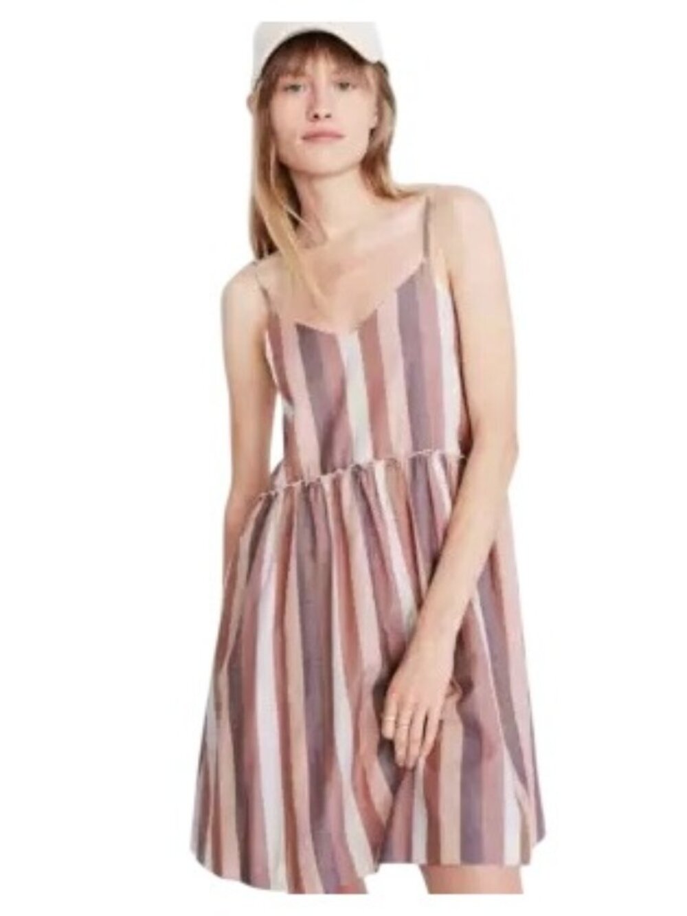 Madewell Babydoll Cami Dress Large Striped Sleeveless V-Neck Ruffle Waist Multi